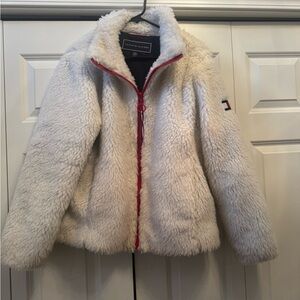 Tommy Hilfiger Women’s White Sherpa Coat Jacket Mock Neck Full Zip Large Red Zip